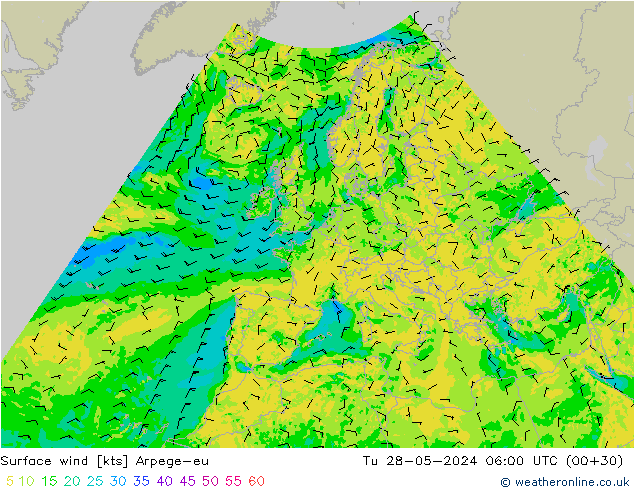 Surface wind Arpege-eu Tu 28.05.2024 06 UTC