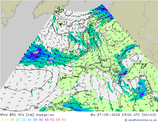 Wind 850 hPa Arpege-eu Mo 27.05.2024 03 UTC