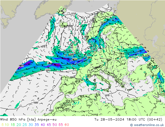 Wind 850 hPa Arpege-eu Di 28.05.2024 18 UTC