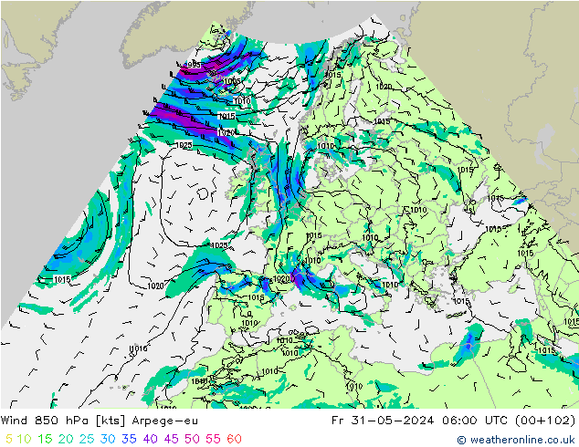 Wind 850 hPa Arpege-eu Pá 31.05.2024 06 UTC