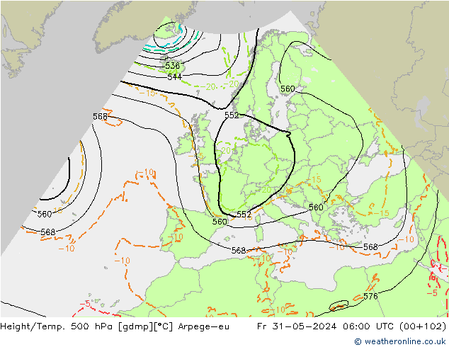 Height/Temp. 500 гПа Arpege-eu пт 31.05.2024 06 UTC