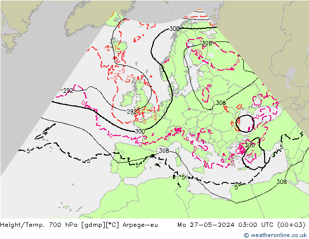 Height/Temp. 700 hPa Arpege-eu 星期一 27.05.2024 03 UTC