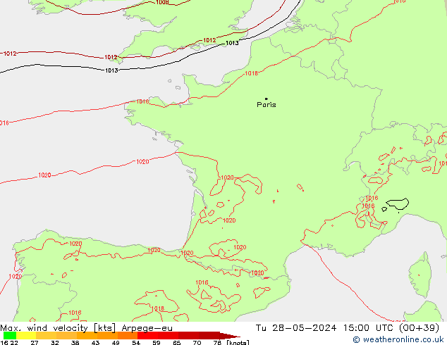 Max. wind velocity Arpege-eu  28.05.2024 15 UTC