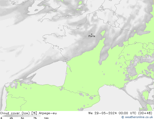 Cloud cover (low) Arpege-eu We 29.05.2024 00 UTC