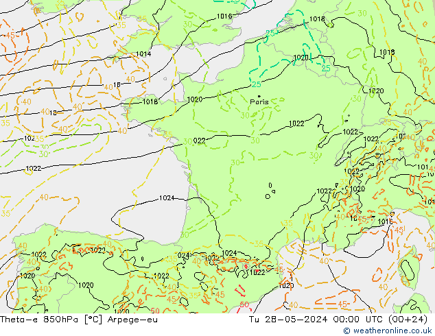 Theta-e 850hPa Arpege-eu Út 28.05.2024 00 UTC