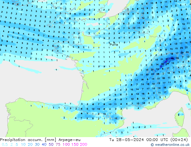 Precipitation accum. Arpege-eu Út 28.05.2024 00 UTC