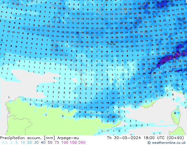 Precipitation accum. Arpege-eu Th 30.05.2024 18 UTC