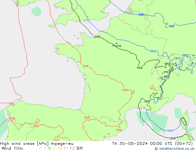 High wind areas Arpege-eu gio 30.05.2024 00 UTC