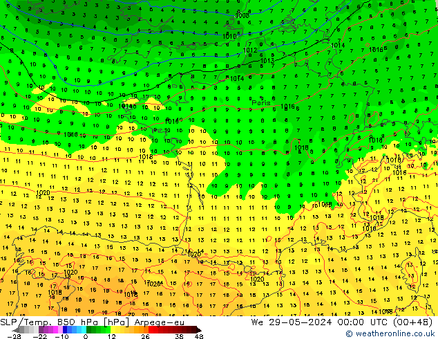 SLP/Temp. 850 hPa Arpege-eu Mi 29.05.2024 00 UTC