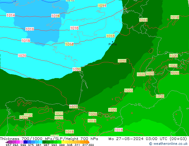 Schichtdicke 700-1000 hPa Arpege-eu Mo 27.05.2024 03 UTC