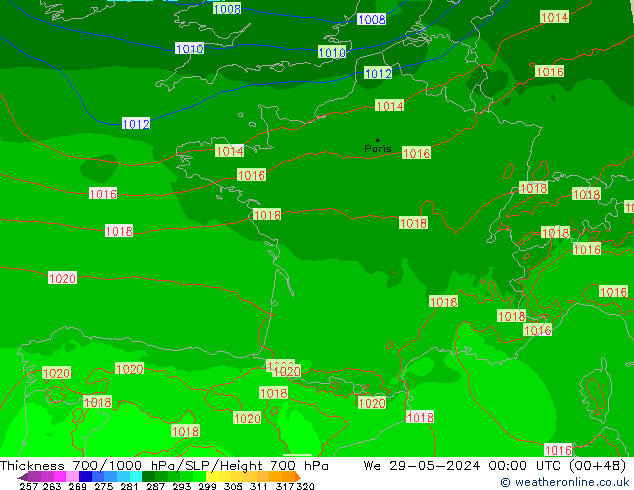 Thck 700-1000 hPa Arpege-eu We 29.05.2024 00 UTC