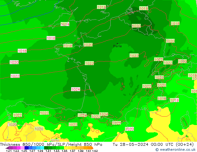 Thck 850-1000 hPa Arpege-eu mar 28.05.2024 00 UTC