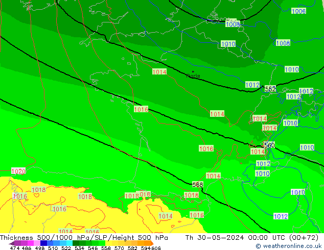 Dikte 500-1000hPa Arpege-eu do 30.05.2024 00 UTC