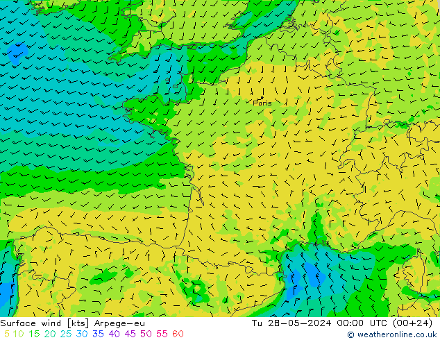 Surface wind Arpege-eu Út 28.05.2024 00 UTC