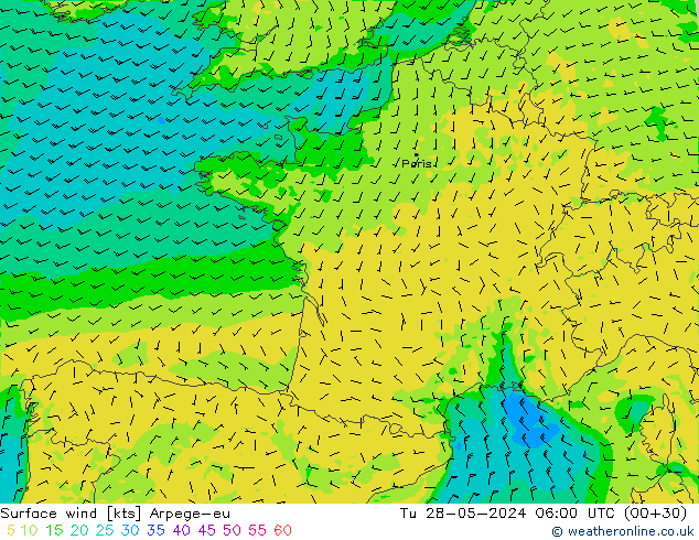 Vento 10 m Arpege-eu Ter 28.05.2024 06 UTC