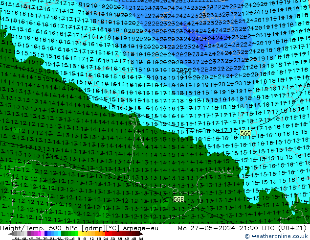 Height/Temp. 500 hPa Arpege-eu Mo 27.05.2024 21 UTC