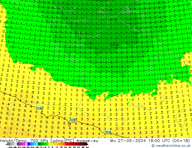 Height/Temp. 700 hPa Arpege-eu Seg 27.05.2024 18 UTC