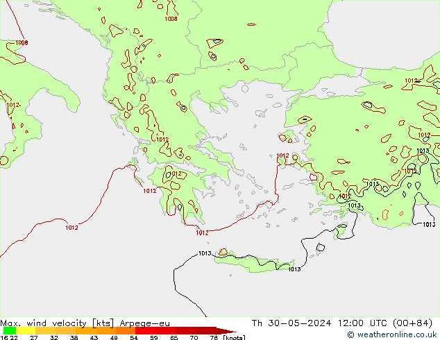 Max. wind velocity Arpege-eu Čt 30.05.2024 12 UTC