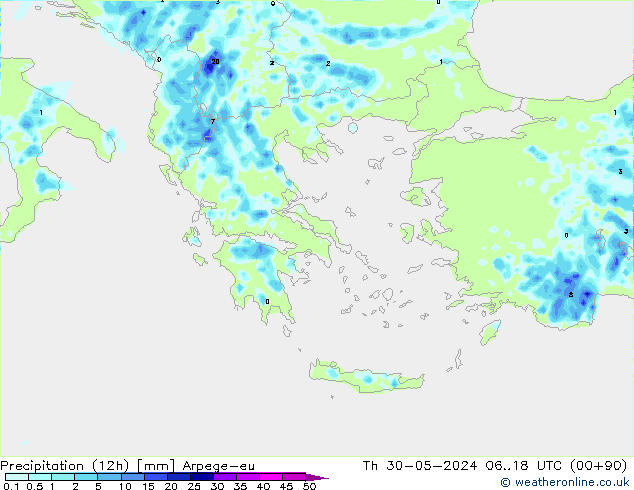 Precipitação (12h) Arpege-eu Qui 30.05.2024 18 UTC