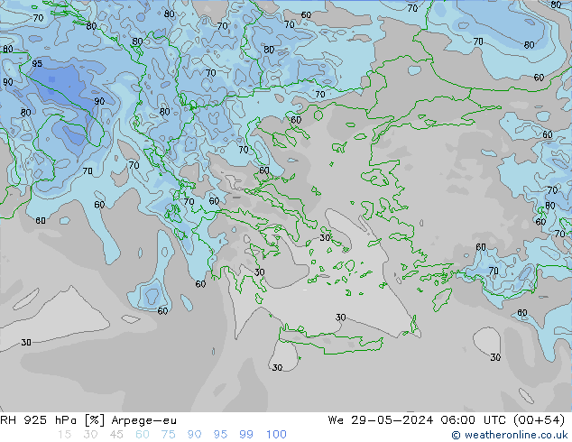 Humidité rel. 925 hPa Arpege-eu mer 29.05.2024 06 UTC