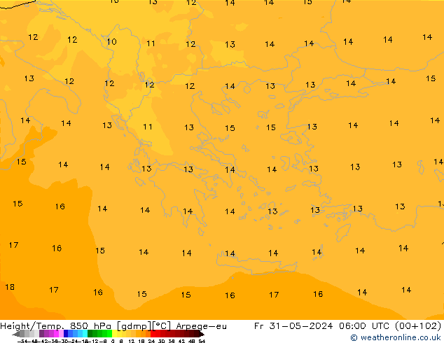 Hoogte/Temp. 850 hPa Arpege-eu vr 31.05.2024 06 UTC