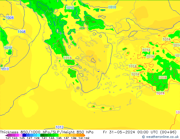 Espesor 850-1000 hPa Arpege-eu vie 31.05.2024 00 UTC