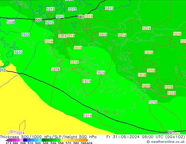 Espesor 500-1000 hPa Arpege-eu vie 31.05.2024 06 UTC