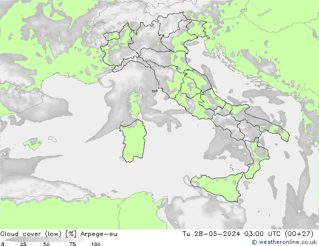 Cloud cover (low) Arpege-eu Tu 28.05.2024 03 UTC