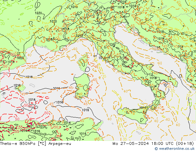 Theta-e 850hPa Arpege-eu Mo 27.05.2024 18 UTC