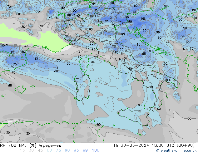 RH 700 hPa Arpege-eu Th 30.05.2024 18 UTC