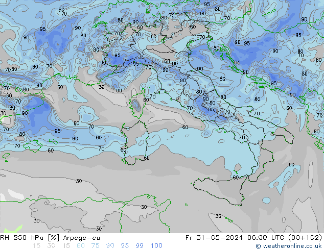 RH 850 hPa Arpege-eu ven 31.05.2024 06 UTC