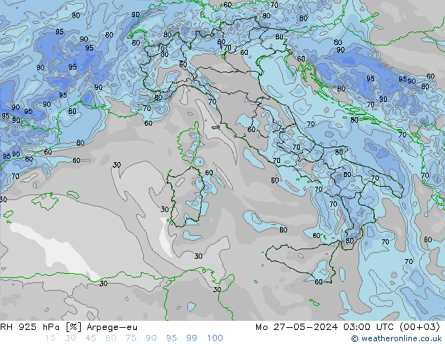 RH 925 hPa Arpege-eu pon. 27.05.2024 03 UTC