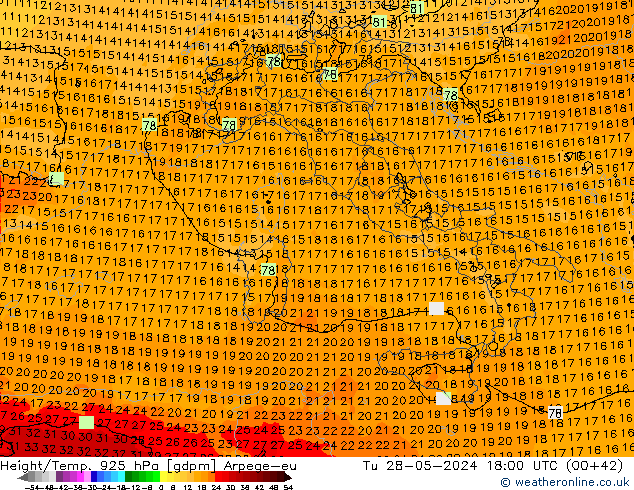 Height/Temp. 925 hPa Arpege-eu Tu 28.05.2024 18 UTC