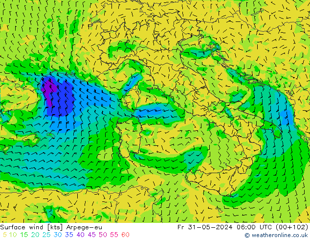 Wind 10 m Arpege-eu vr 31.05.2024 06 UTC