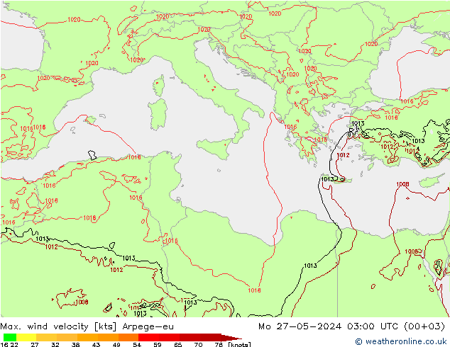 Max. wind velocity Arpege-eu lun 27.05.2024 03 UTC