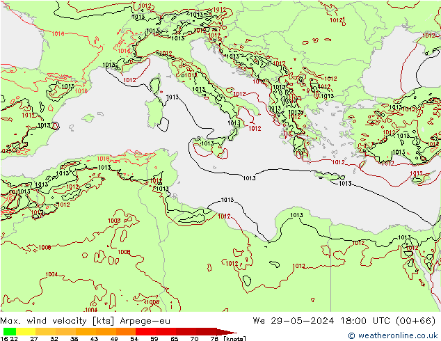 Max. wind velocity Arpege-eu We 29.05.2024 18 UTC