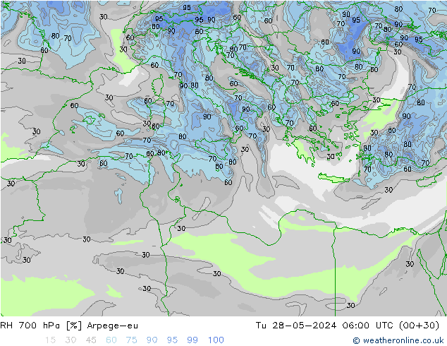 RH 700 hPa Arpege-eu  28.05.2024 06 UTC