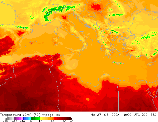 Temperature (2m) Arpege-eu Mo 27.05.2024 18 UTC