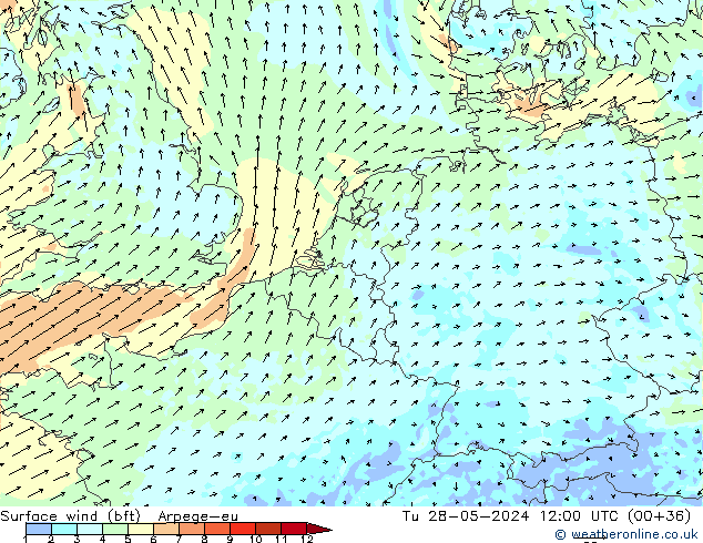 Wind 10 m (bft) Arpege-eu di 28.05.2024 12 UTC