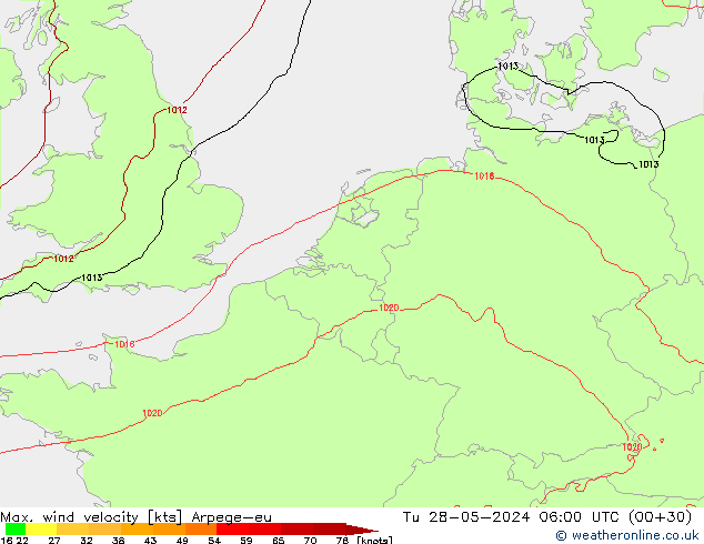 Max. wind velocity Arpege-eu  28.05.2024 06 UTC