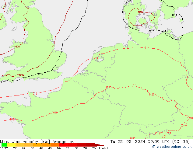 Max. wind velocity Arpege-eu вт 28.05.2024 09 UTC