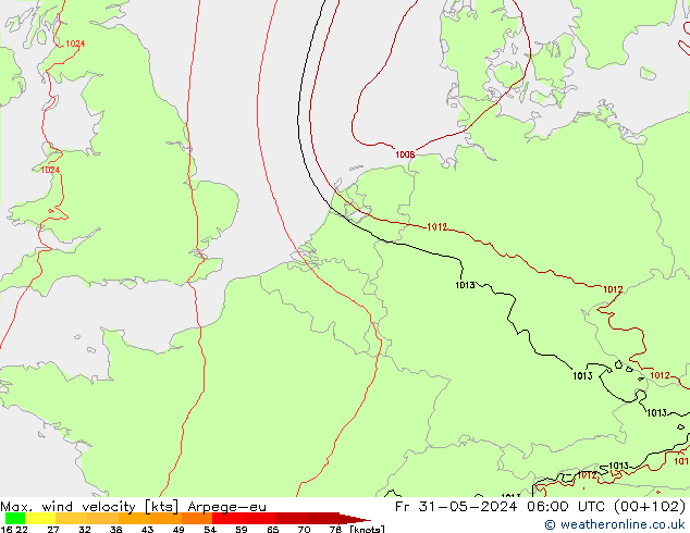 Max. wind snelheid Arpege-eu vr 31.05.2024 06 UTC