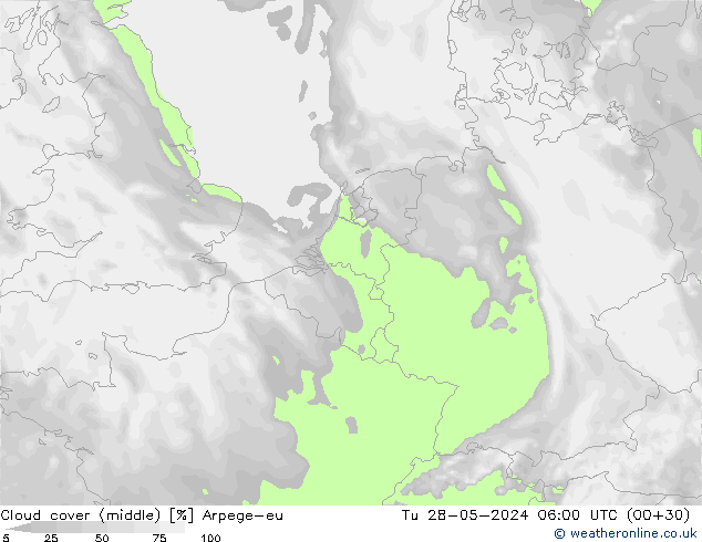 Cloud cover (middle) Arpege-eu Tu 28.05.2024 06 UTC