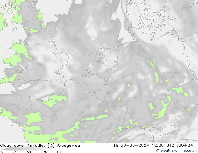 Cloud cover (middle) Arpege-eu Th 30.05.2024 12 UTC