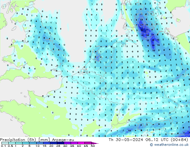 Precipitação (6h) Arpege-eu Qui 30.05.2024 12 UTC