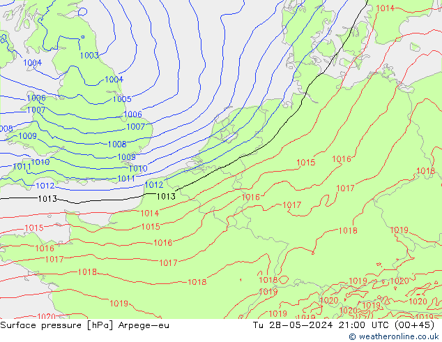 Surface pressure Arpege-eu Tu 28.05.2024 21 UTC