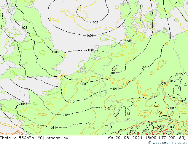 Theta-e 850hPa Arpege-eu We 29.05.2024 15 UTC