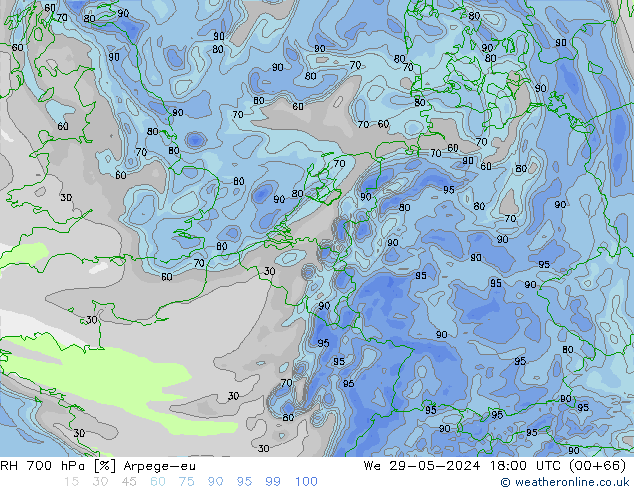 RH 700 hPa Arpege-eu We 29.05.2024 18 UTC