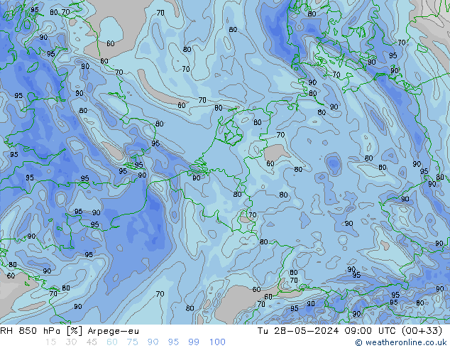 RH 850 гПа Arpege-eu вт 28.05.2024 09 UTC