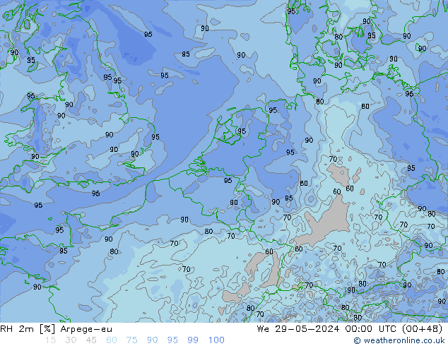 Humidité rel. 2m Arpege-eu mer 29.05.2024 00 UTC
